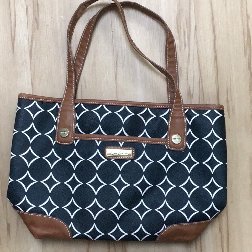 Marc Fisher Navy White Geometric Print Tan Accent Vegan Leather Handbag Purse
